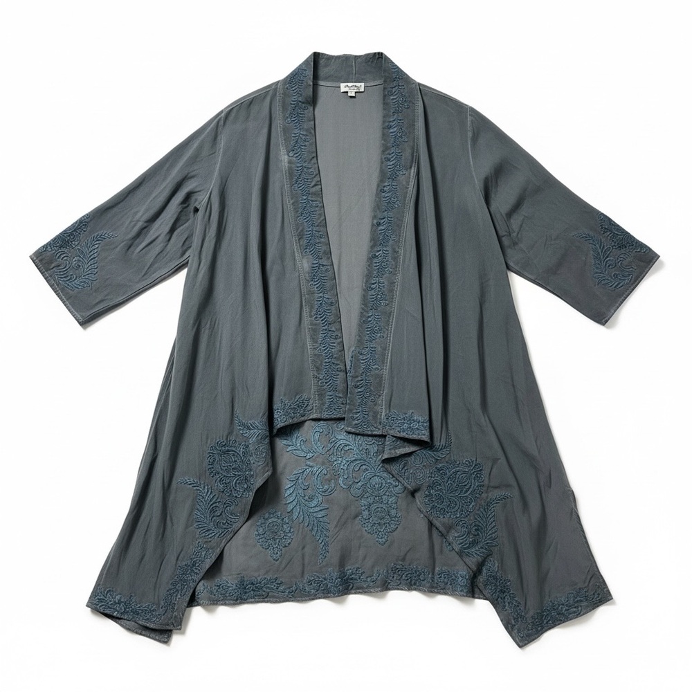 Angel Heart Boho Hippie Festival Embroidered Kimono Coat Open Front Blue NWT